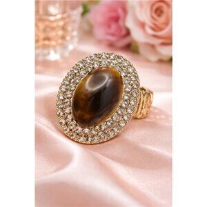 Vintage Tigers Eye Lucite Cocktail Ring Gold Tone Crystal Halo Stretch Band OS